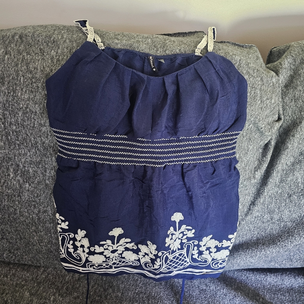 Heart and Soul babydoll top dark blue with crochet lace detail and embroidery